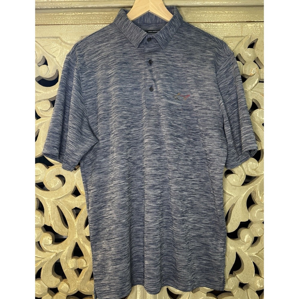 Greg Norman Play Dry Polo Shirt Men's Medium Blue Heather Shark Logo Golf